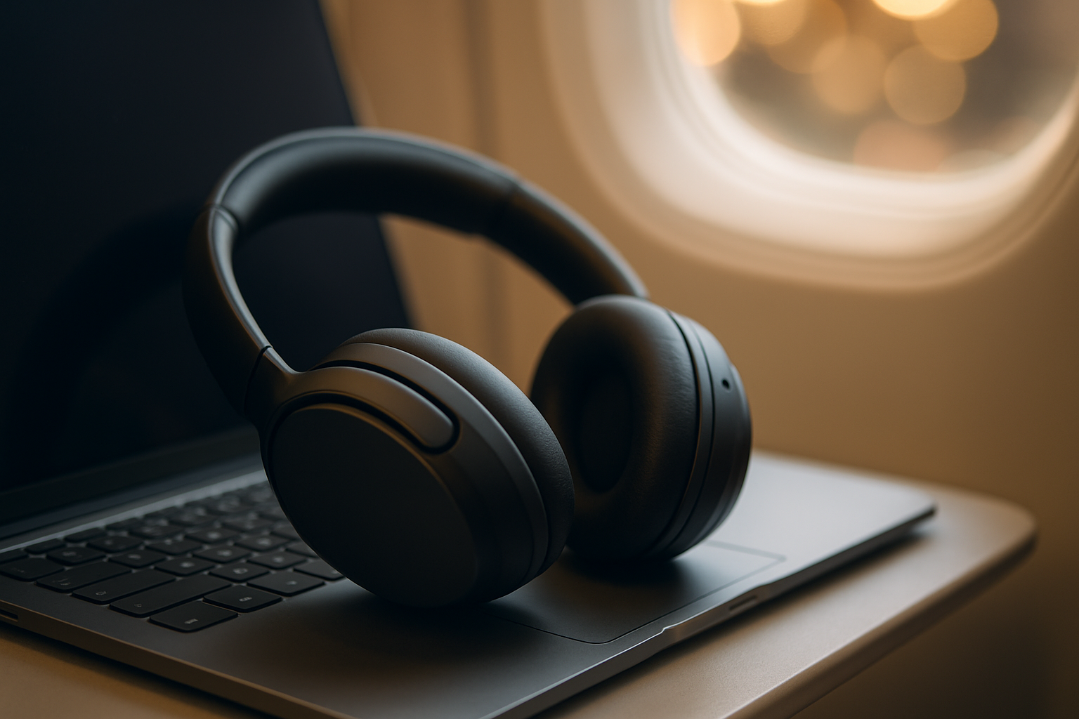 Modern noise-cancelling headphones on a desk — symbol of focus and clarity.